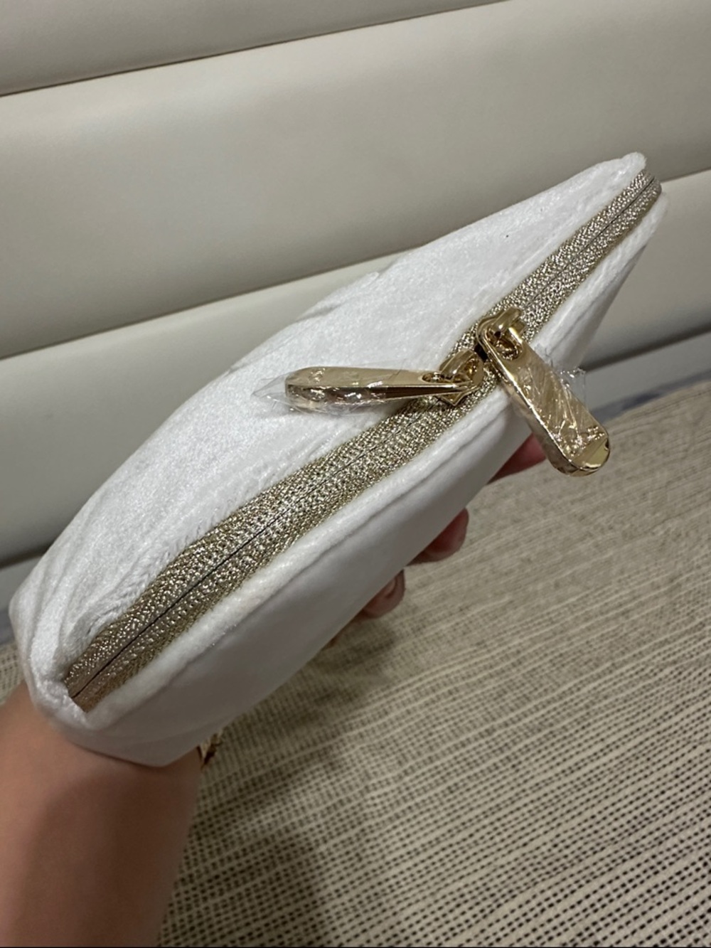 White Velvet Cosmetic Pouch with Embossed Logo - Picture 6 of 8
